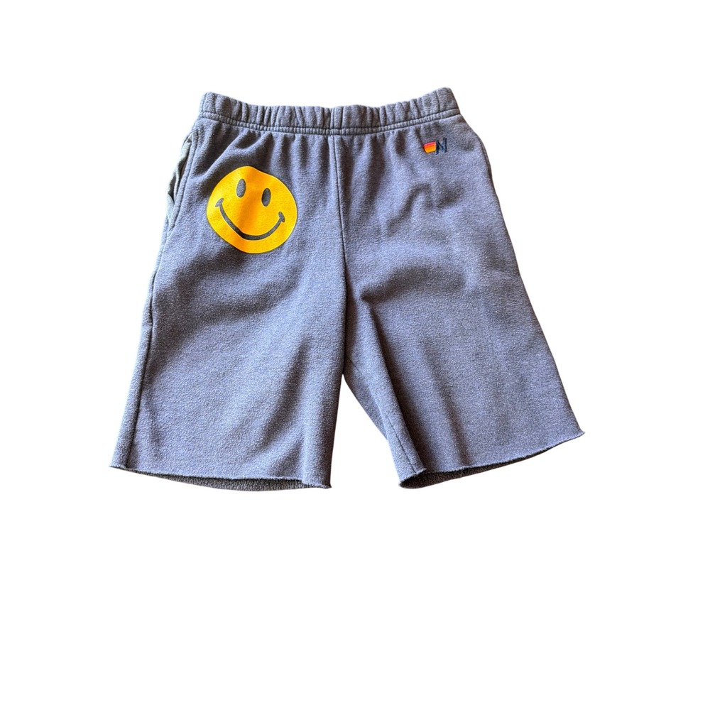Aviator Nation Sweat Shorts Blue Smiley Face Graphic Raw Hem Size 12 Kids